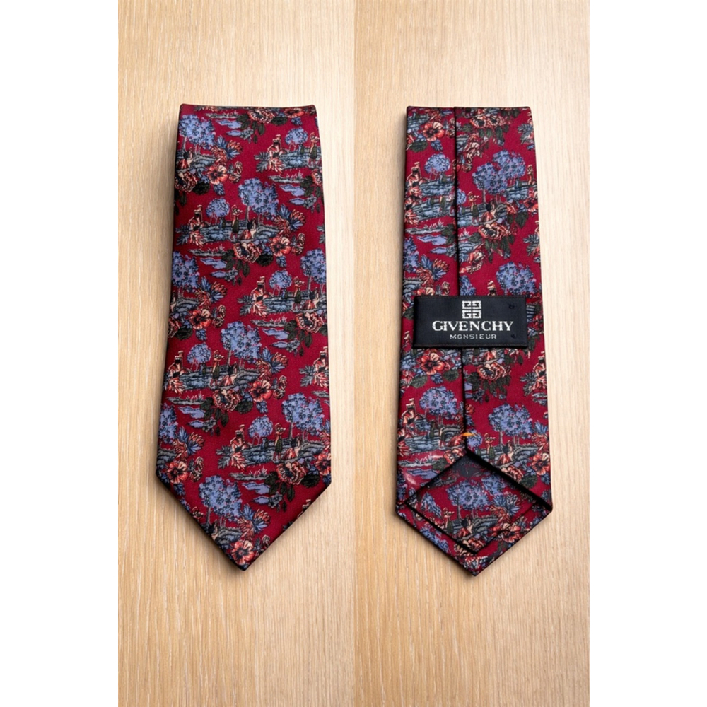 Givenchy Monsieur Silk Tie Red Scenic Floral Toile Print